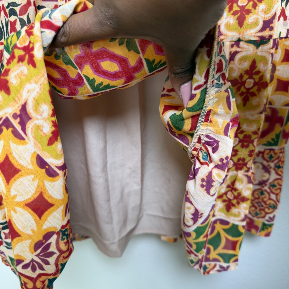 Aritzia Dress Forum Women Mini Dress Large Patchwork Boho Square Neck Puff Sleev - Picture 7 of 10